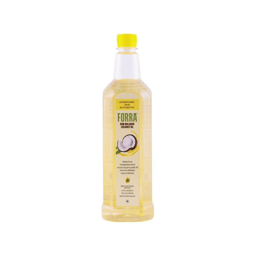 Forra Raw Malabar Coconut Oil bottle, made from Malabar copra